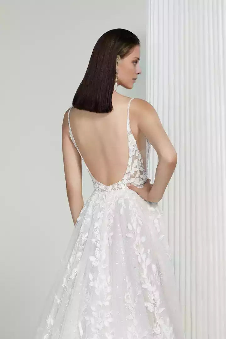 Sequined A-Line Wedding Gown with Spaghetti Straps and Scoop Back Wedding Dress