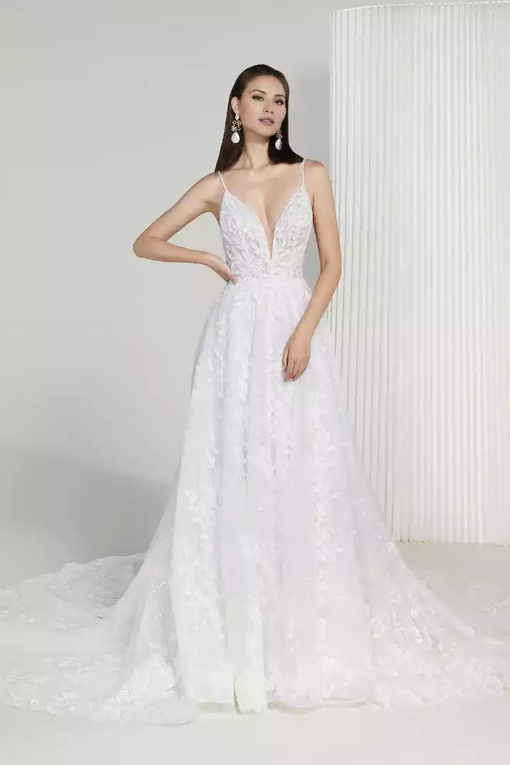 Sequined A-Line Wedding Gown with Spaghetti Straps and Scoop Back Wedding Dress