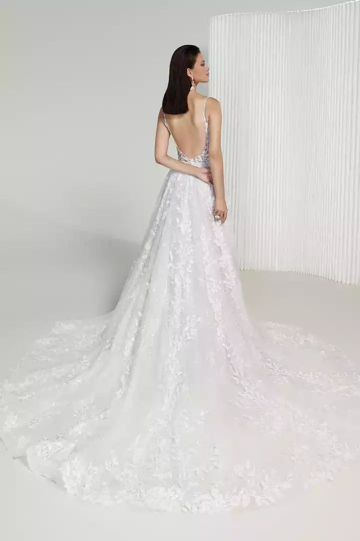 Sequined A-Line Wedding Gown with Spaghetti Straps and Scoop Back Wedding Dress