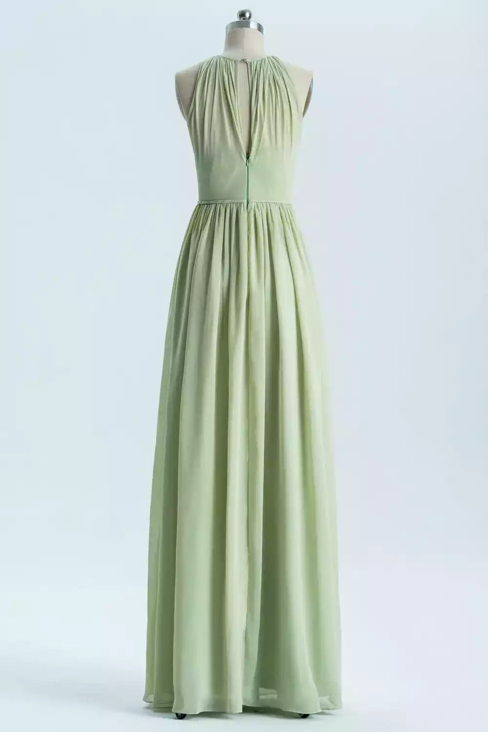 Serene Mint Green Chiffon Gown with Halter Deep V-Back & Ruched Bodice