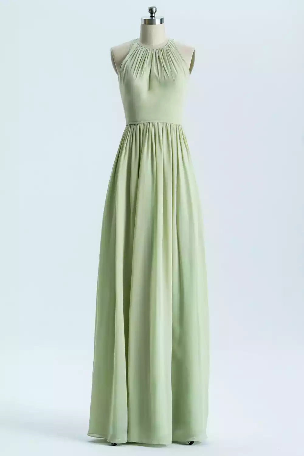 Serene Mint Green Chiffon Gown with Halter Deep V-Back & Ruched Bodice