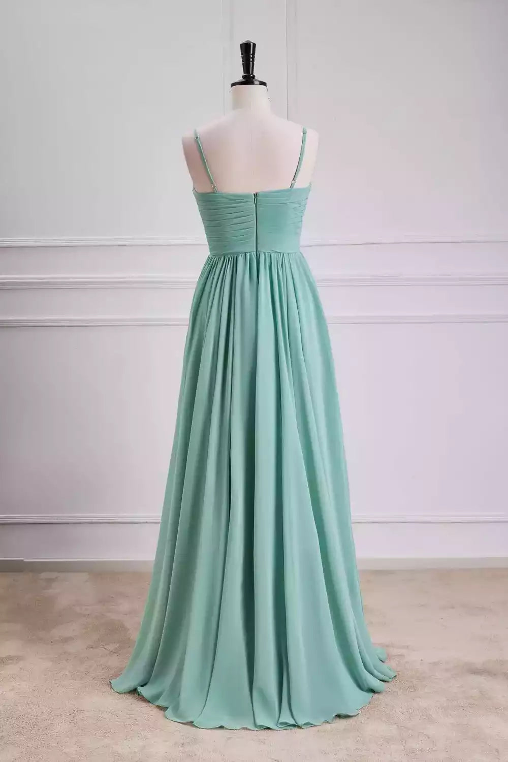 Serene Mint Green Chiffon Gown with Spaghetti Straps & Ruched Bodice