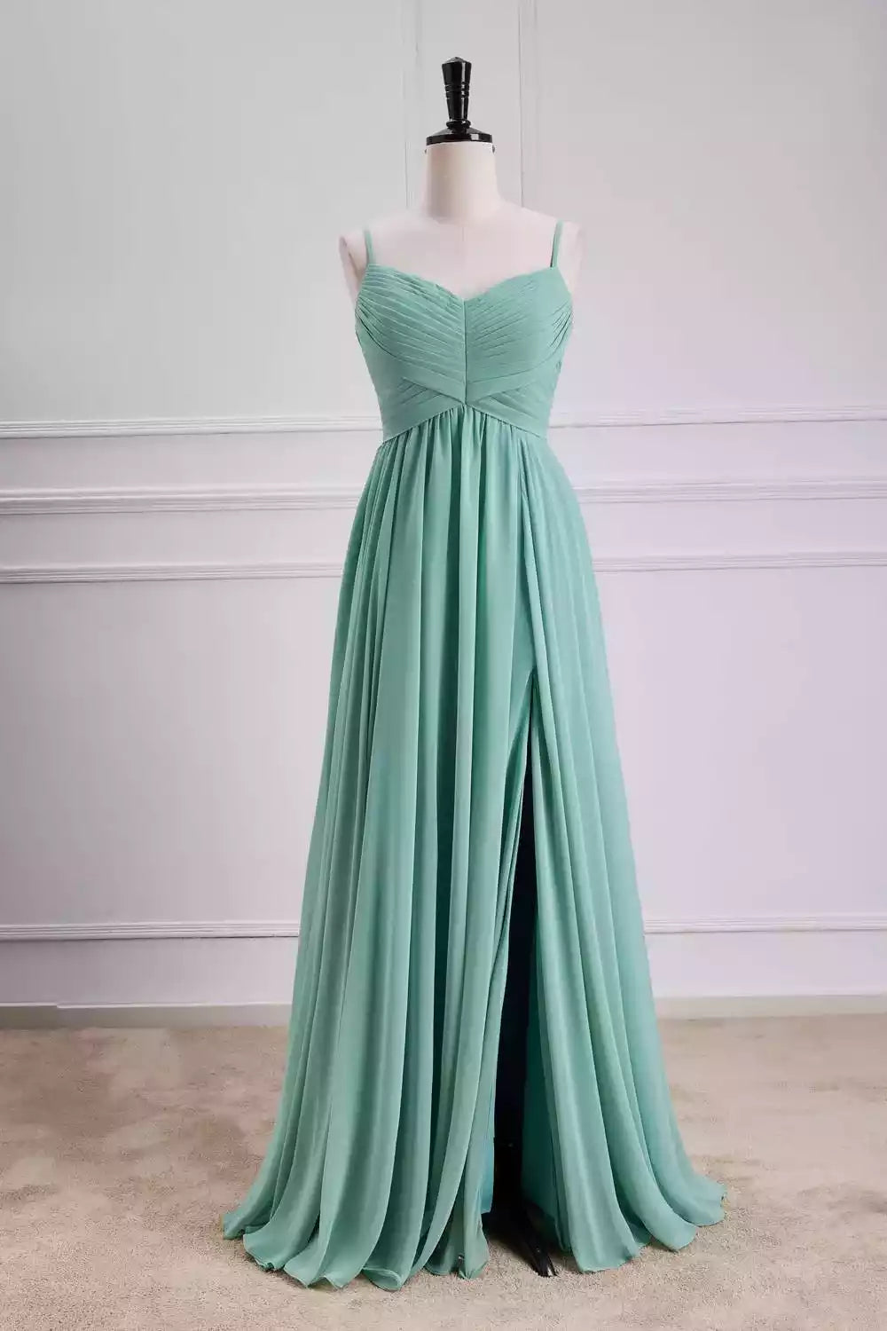 Serene Mint Green Chiffon Gown with Spaghetti Straps & Ruched Bodice