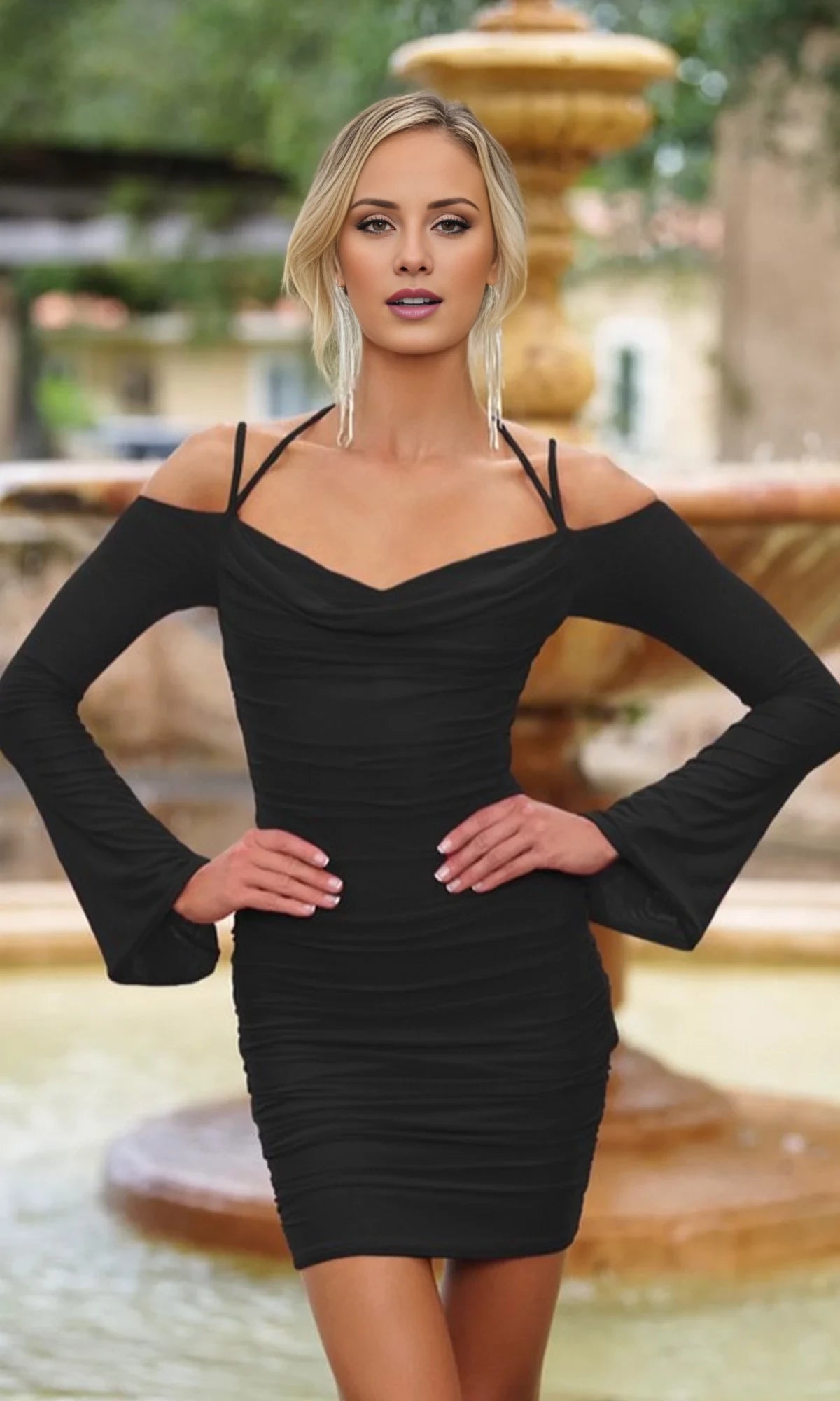 Sexy Sheath Cowl Neck Long Sleeve Lace Up Short-Mini Homecoming Dress