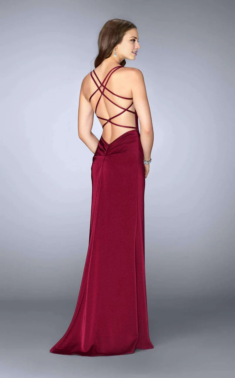 Sexy V Neck Spaghetti Straps Column Crisscross Back Back Zip Floor-Length Evening Dress
