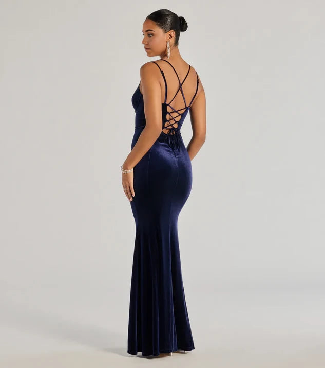 Sexy V Neck Spaghetti Straps Sheath Sleeveless Crisscross Back Floor-Length Bridesmaid Dress