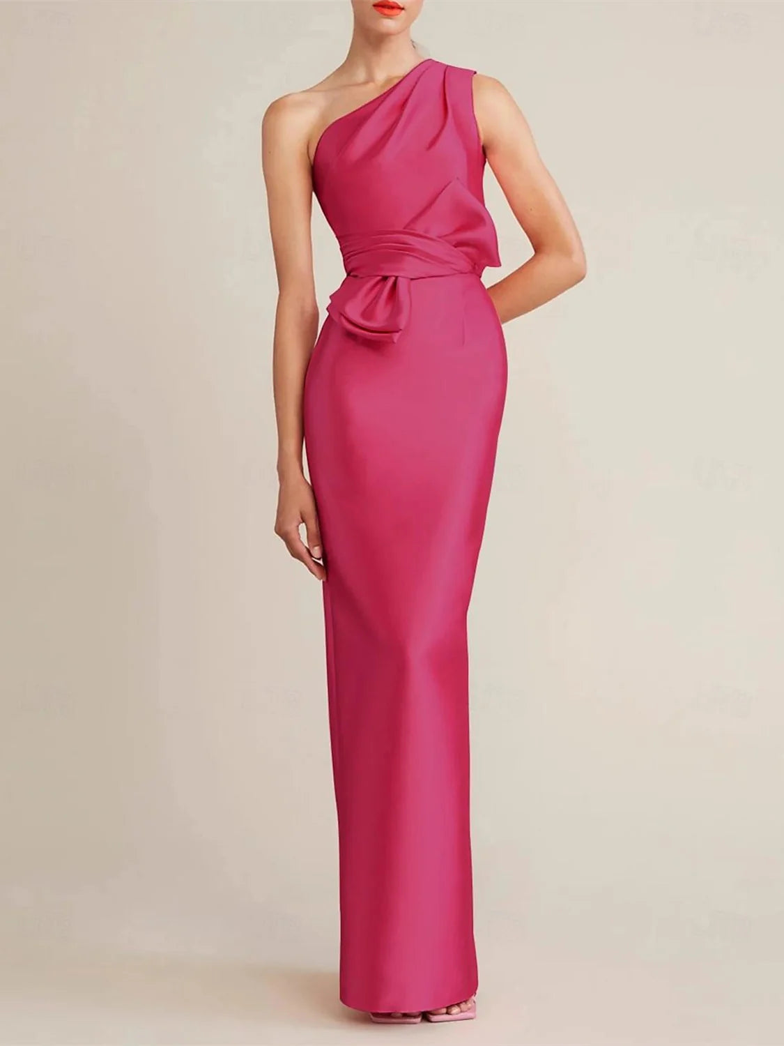 Sheath/Column Floor Length Sleeveless One Shoulder Prom Dress Satin with Bow