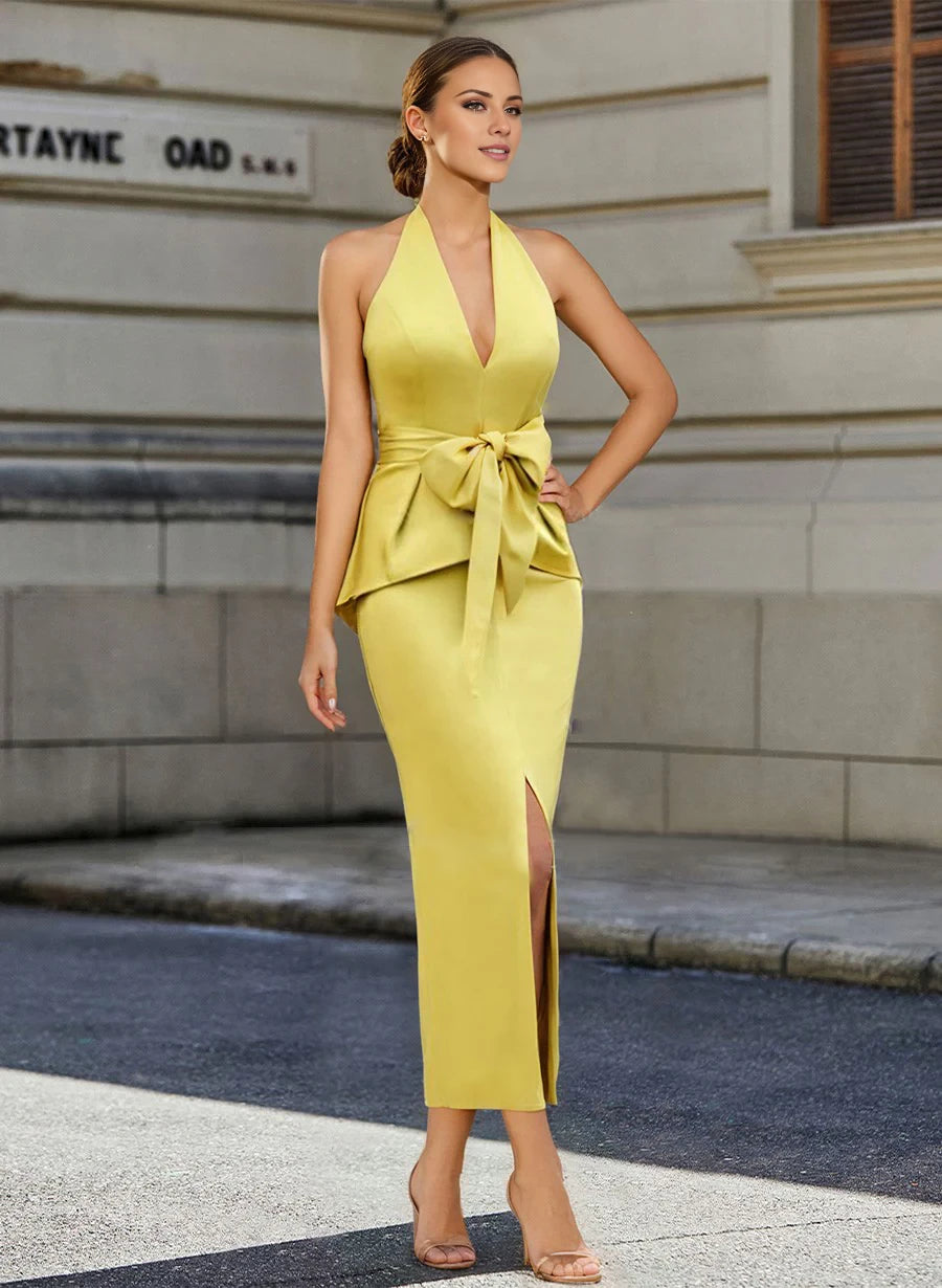 Sheath/Column Halter Sleeveless Ankle-Length Mother of the Bride Dresses with Bowknot