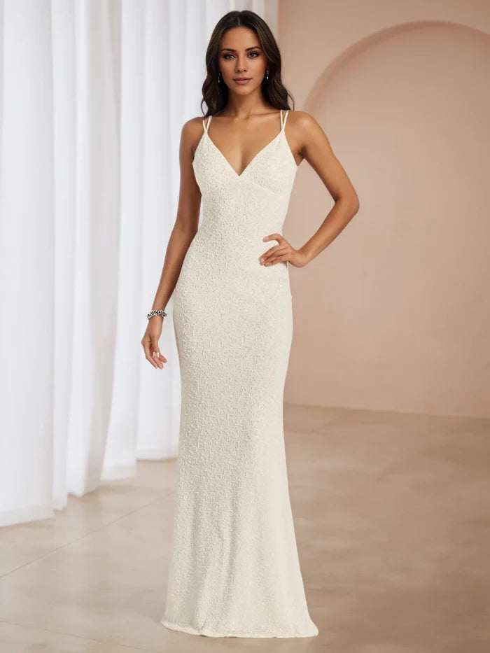 Sheath Column Ivory V-Neck Square Neck Long Prom Dresses