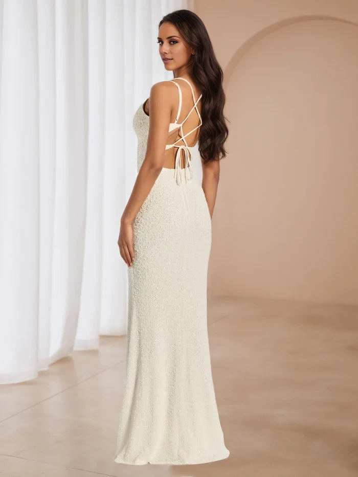 Sheath Column Ivory V-Neck Square Neck Long Prom Dresses