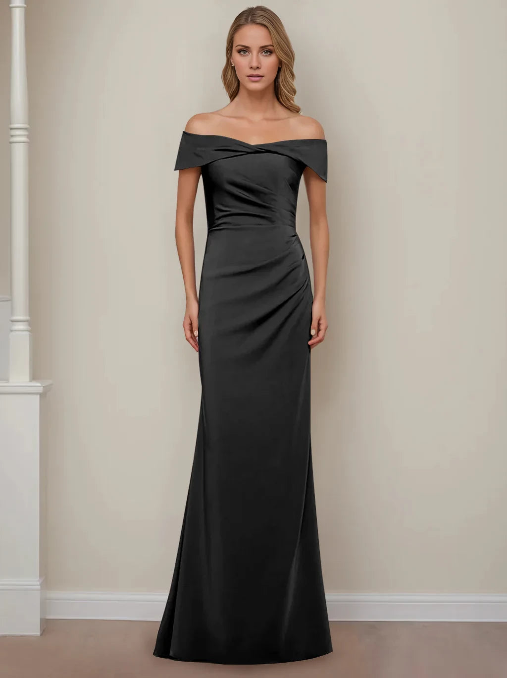 Sheath/Column Off-the-Shoulder Sleeveless Floor-Length Prom Dress With Ruffles