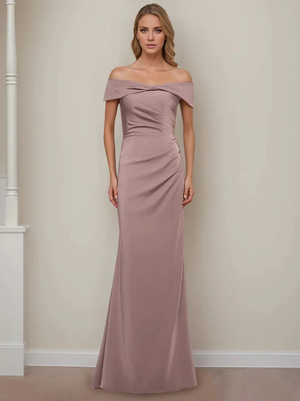 Sheath/Column Off-the-Shoulder Sleeveless Floor-Length Prom Dress With Ruffles
