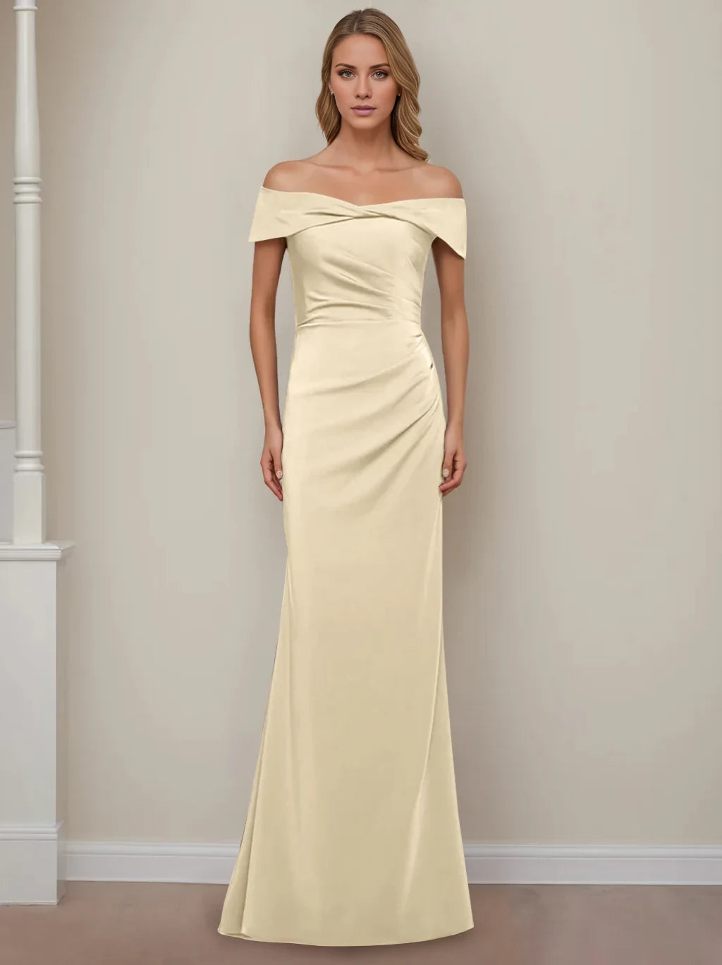 Sheath/Column Off-the-Shoulder Sleeveless Floor-Length Prom Dress With Ruffles