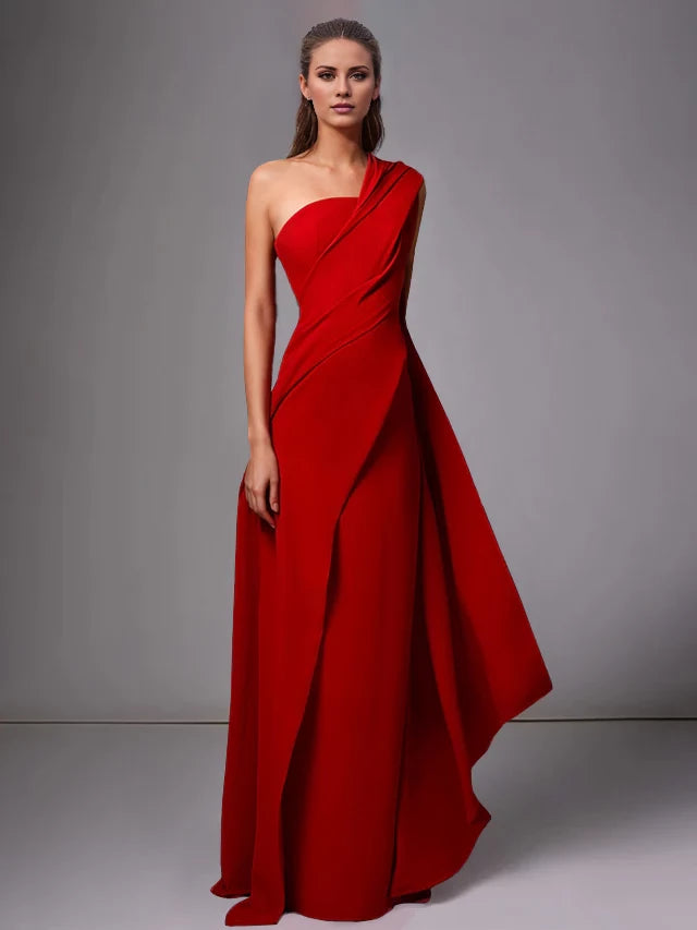 Sheath/Column One-Shoulder Sleeveless Floor-Length Prom Dress With Pleats Ruched