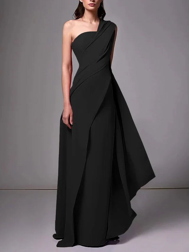 Sheath/Column One-Shoulder Sleeveless Floor-Length Prom Dress With Pleats Ruched