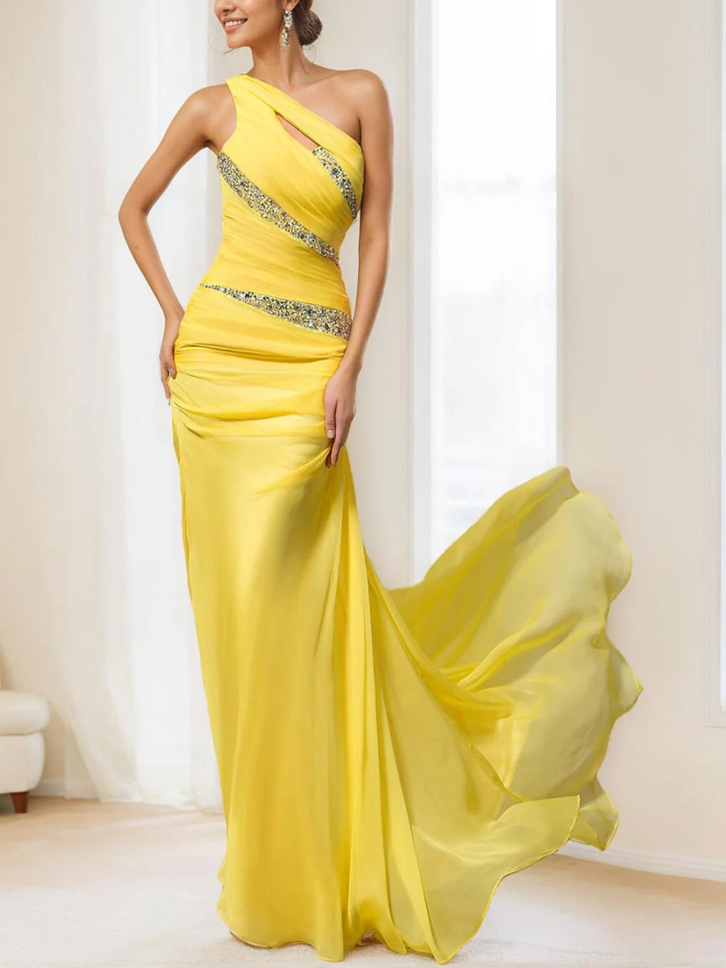 Sheath/Column One-Shoulder Sleeveless Floor-Length Prom Dress with Ruched Sequin Crystals