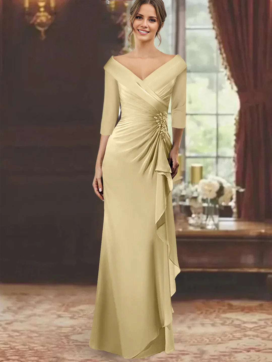 Sheath/Column V-Neck Half Sleeves Floor-Length Mother of the Bride Dresses with Ruffles Appliques