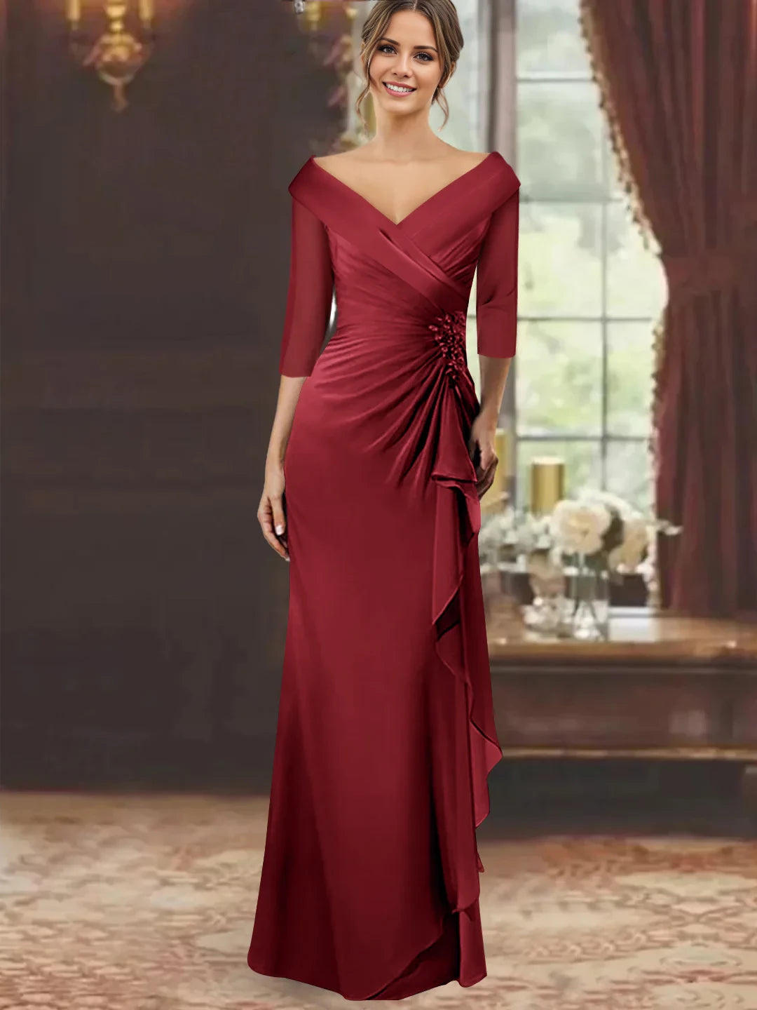 Sheath/Column V-Neck Half Sleeves Floor-Length Mother of the Bride Dresses with Ruffles Appliques