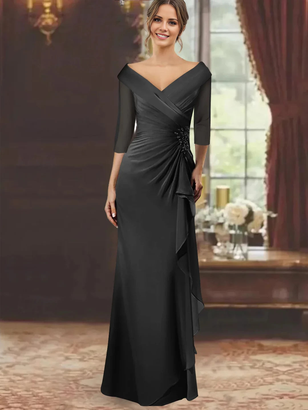 Sheath/Column V-Neck Half Sleeves Floor-Length Mother of the Bride Dresses with Ruffles Appliques