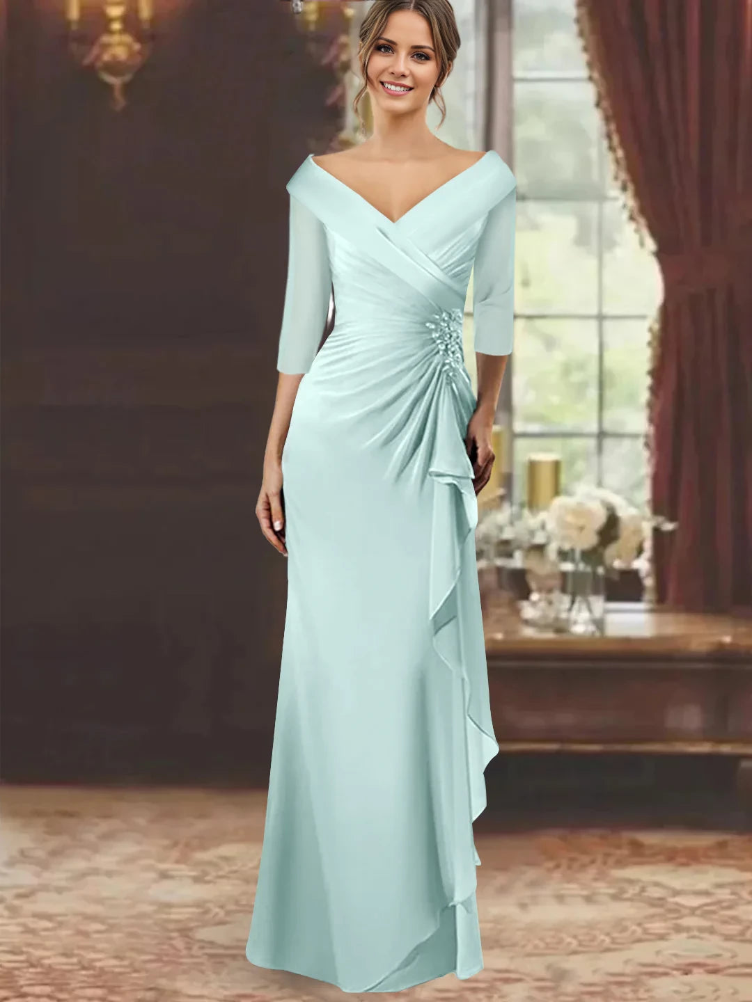Sheath/Column V-Neck Half Sleeves Floor-Length Mother of the Bride Dresses with Ruffles Appliques