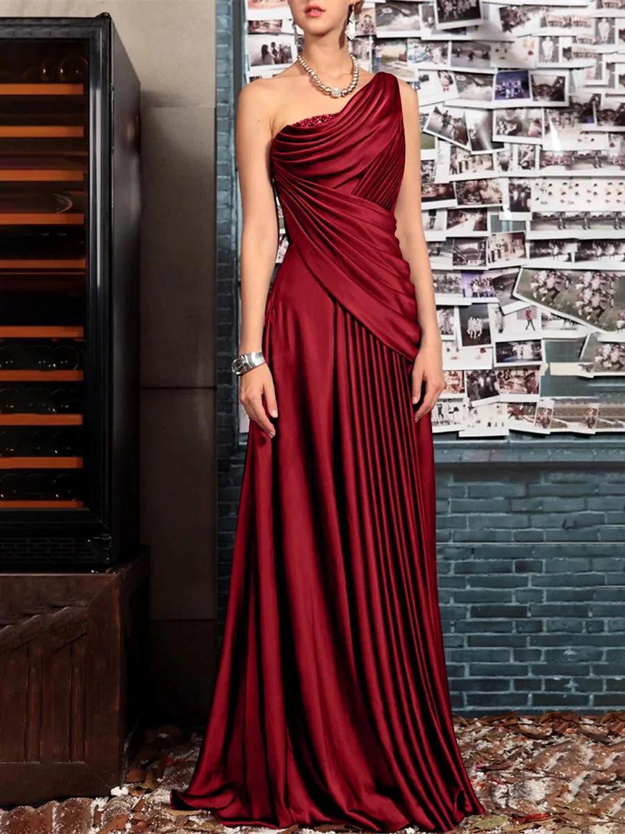 Sheath One Shoulder Sleeveless Floor Length Mother of the Bride Dresses with Pleats Crystals Draping