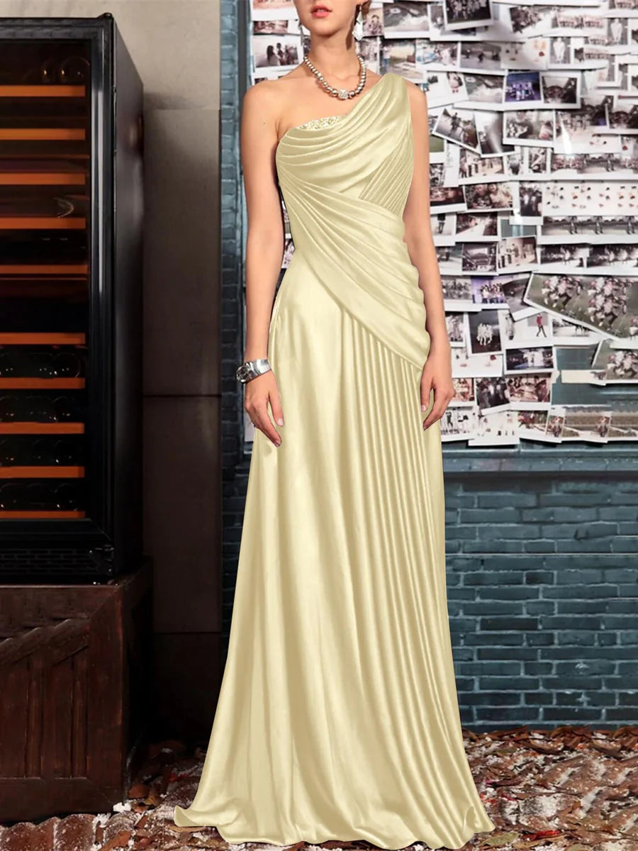 Sheath One Shoulder Sleeveless Floor Length Mother of the Bride Dresses with Pleats Crystals Draping