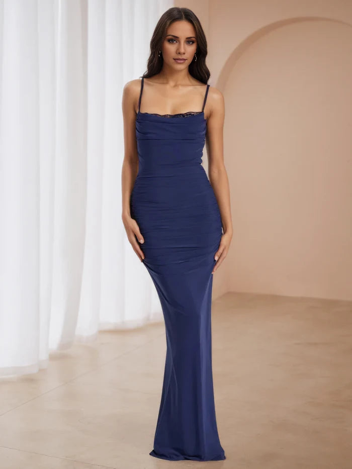 Sheath Spaghetti Straps Lace Square Neck Prom Dresses