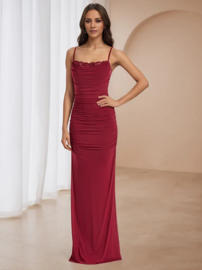 Sheath Spaghetti Straps Lace Square Neck Prom Dresses