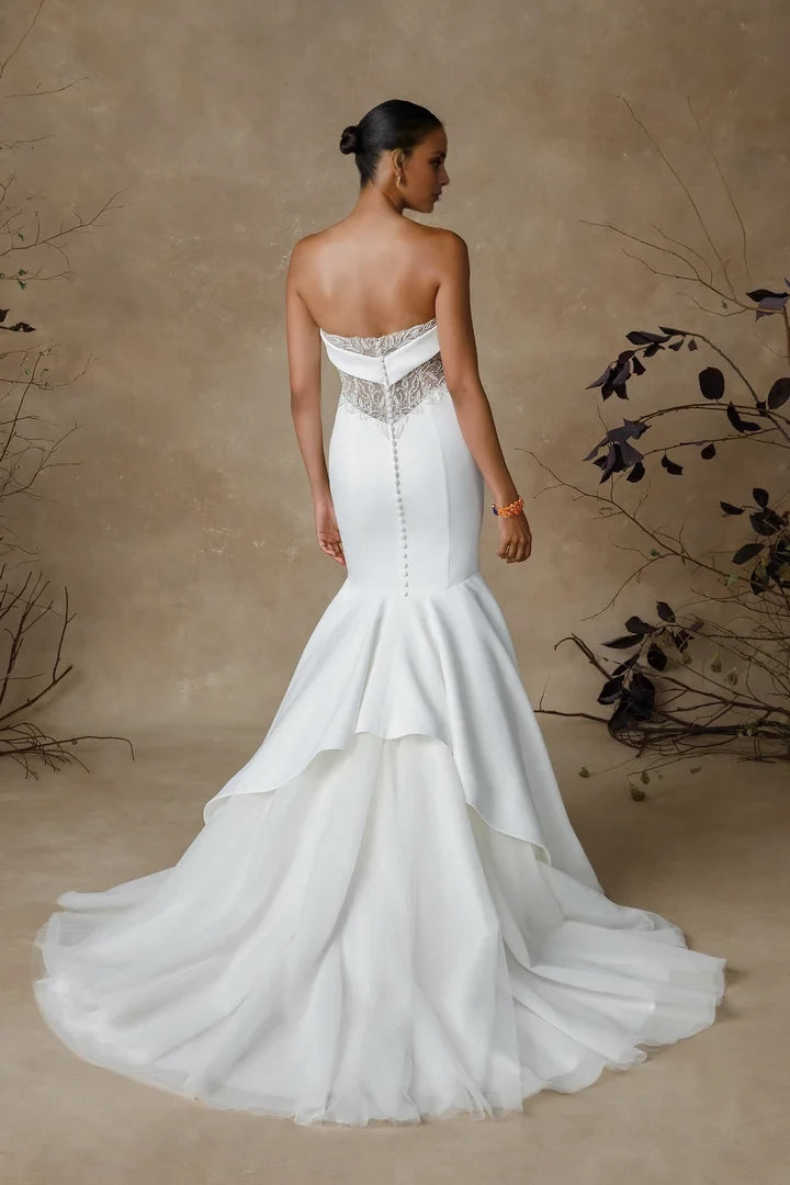 Sheer Back Embellished Strapless Satin Trumpet Wedding Dress Wedding Dresses