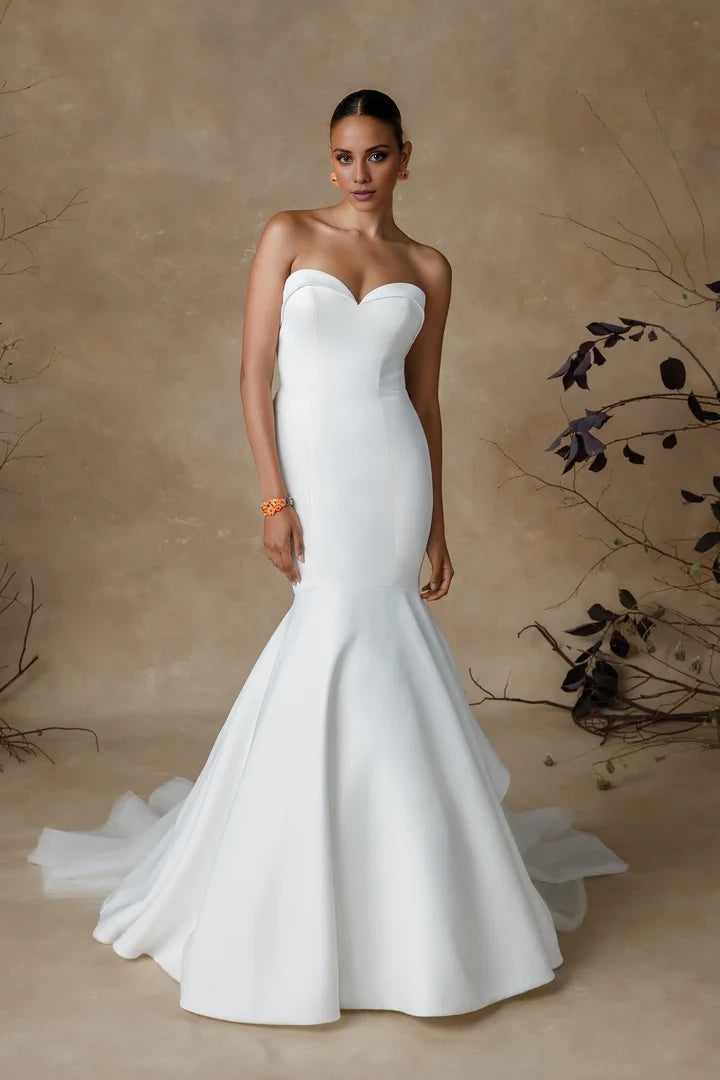 Sheer Back Embellished Strapless Satin Trumpet Wedding Dress Wedding Dresses