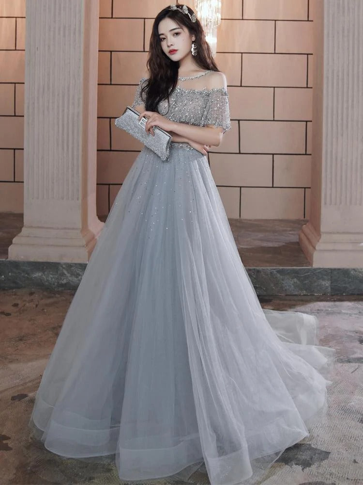 Sheer Mesh Bodice Tulle Evening Dress with Crystal Accents & Maxi Length