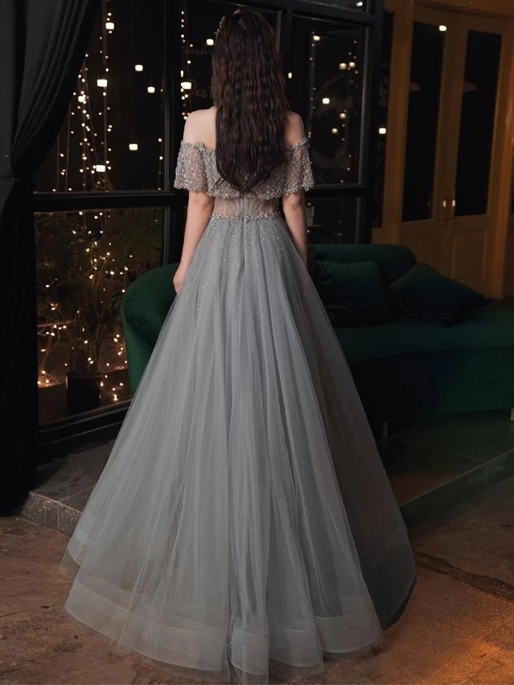Sheer Mesh Bodice Tulle Evening Dress with Crystal Accents & Maxi Length
