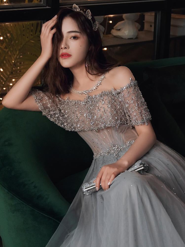 Sheer Mesh Bodice Tulle Evening Dress with Crystal Accents & Maxi Length