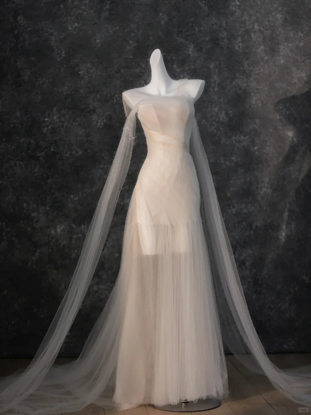 Sheer Neckline Mermaid Dress with Cape Sleeves & Trailing Train