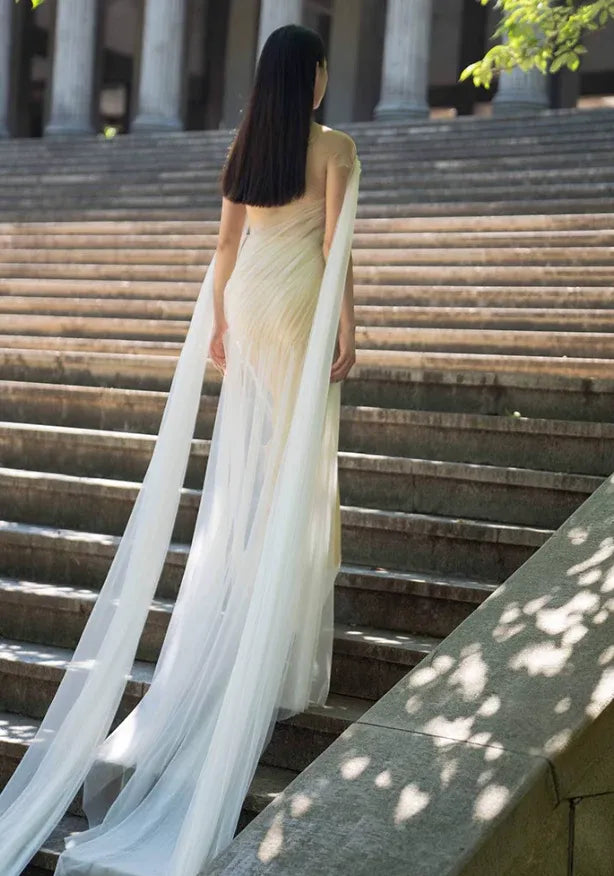 Sheer Neckline Ruched Bodice Dress with Cape Sleeves & Train