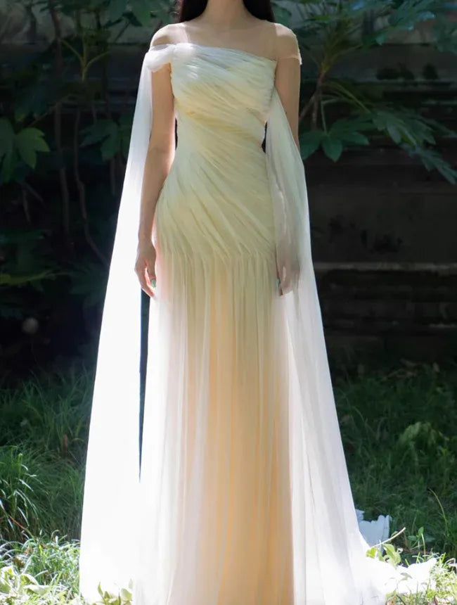 Sheer Neckline Ruched Bodice Dress with Cape Sleeves & Train