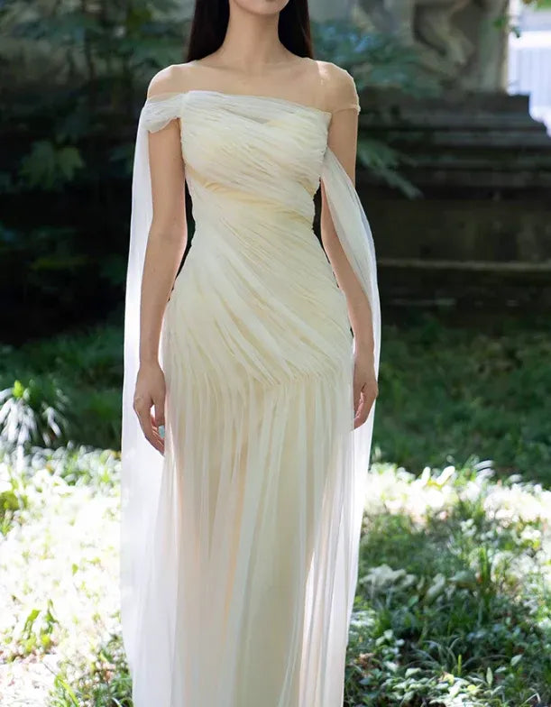 Sheer Neckline Ruched Bodice Dress with Cape Sleeves & Train
