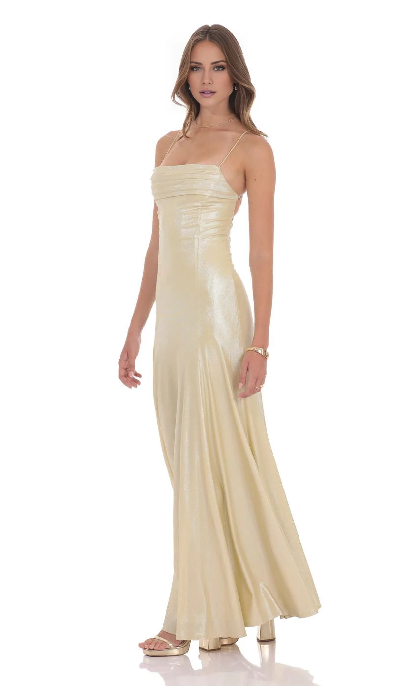 Shimmer Draped Open Back Maxi Dress Prom Dresses