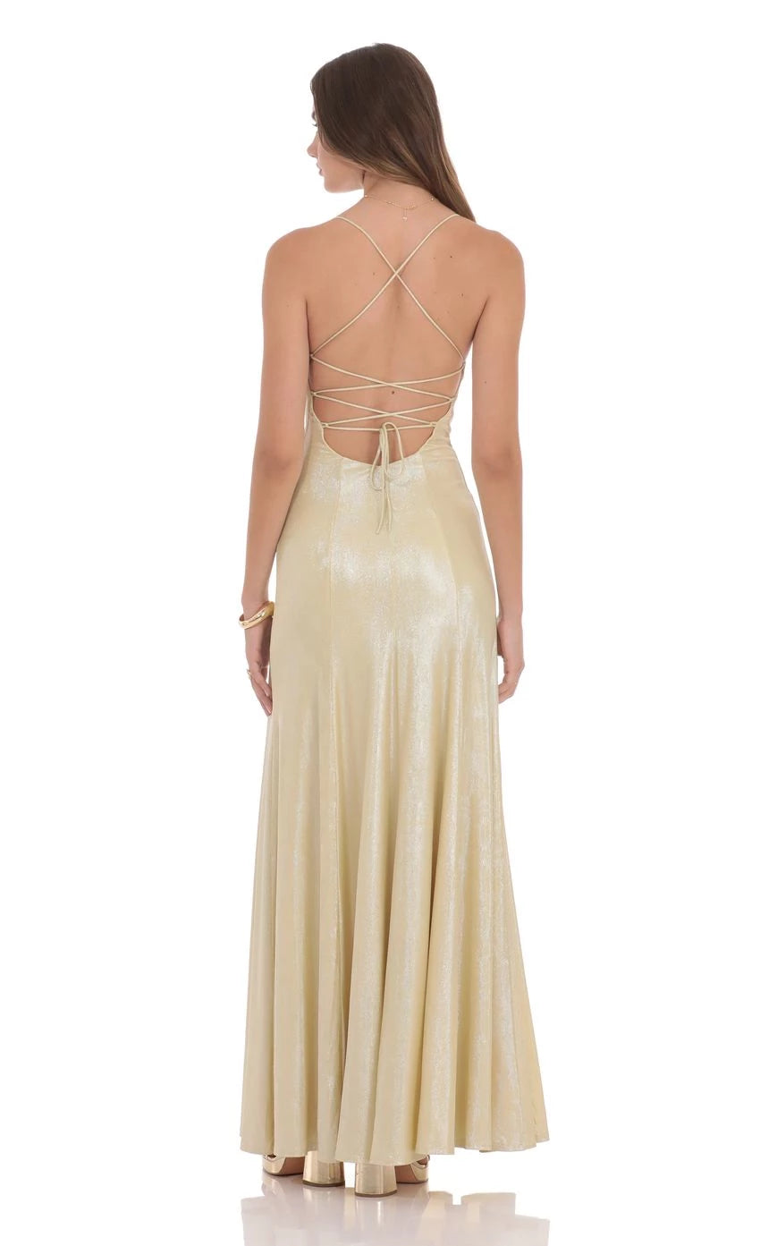 Shimmer Draped Open Back Maxi Dress Prom Dresses