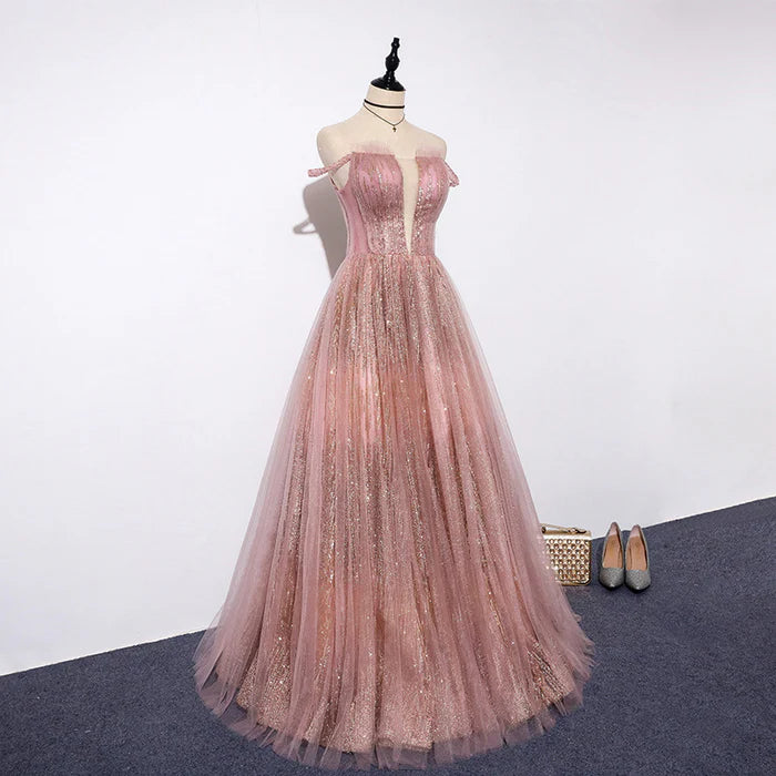 Shimmering Ballgown Off-Shoulder Deep-V Lace-Up Back Floor-Length Evening Dresses