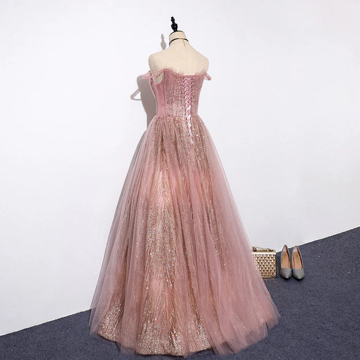Shimmering Ballgown Off-Shoulder Deep-V Lace-Up Back Floor-Length Evening Dresses