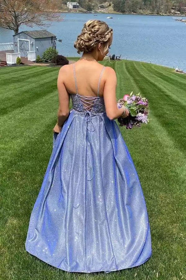 Shimmering Periwinkle Blue Glitter Ballgown with Lace Bodice & Crisscross Back