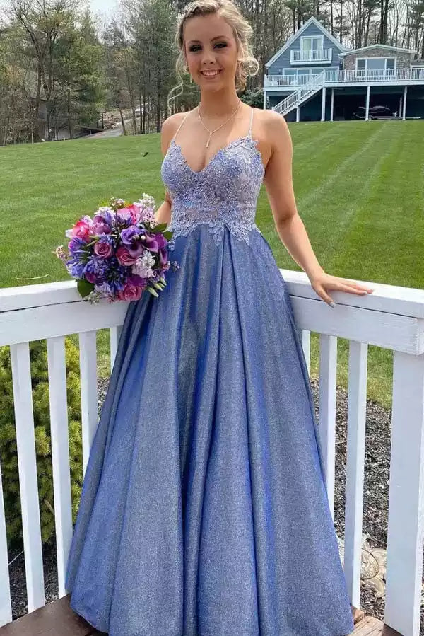 Shimmering Periwinkle Blue Glitter Ballgown with Lace Bodice & Crisscross Back