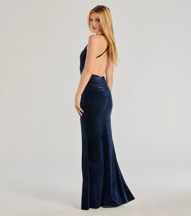 Shine Mermaid Halter Sleeveless Open Back Floor-Length Side Slit Bridesmaid Dress
