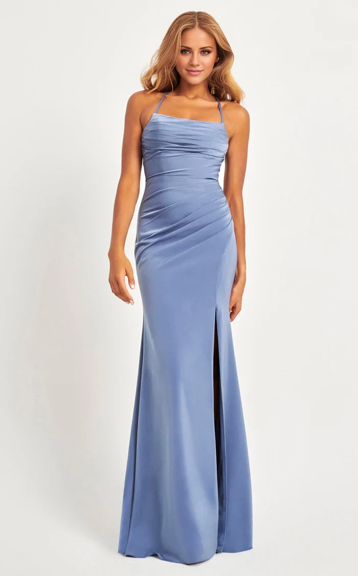 Shirred Strappy High Slit Sheath Gown Floor Length Evening Dresses