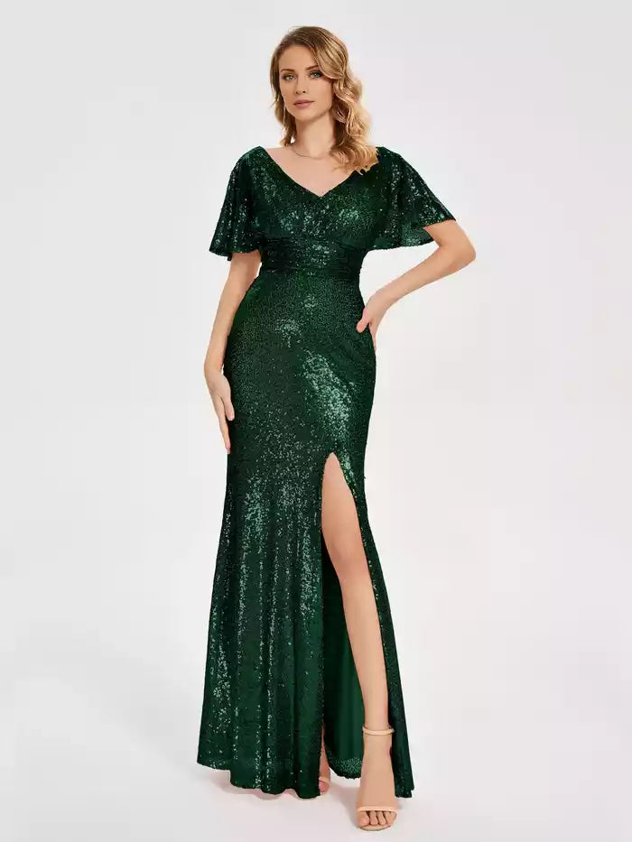 Short Sleeves V neck Sequins Prom Dress with Slit