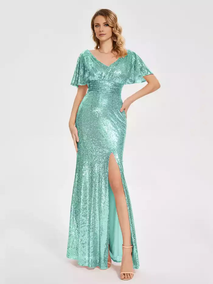 Short Sleeves V neck Sequins Prom Dress with Slit
