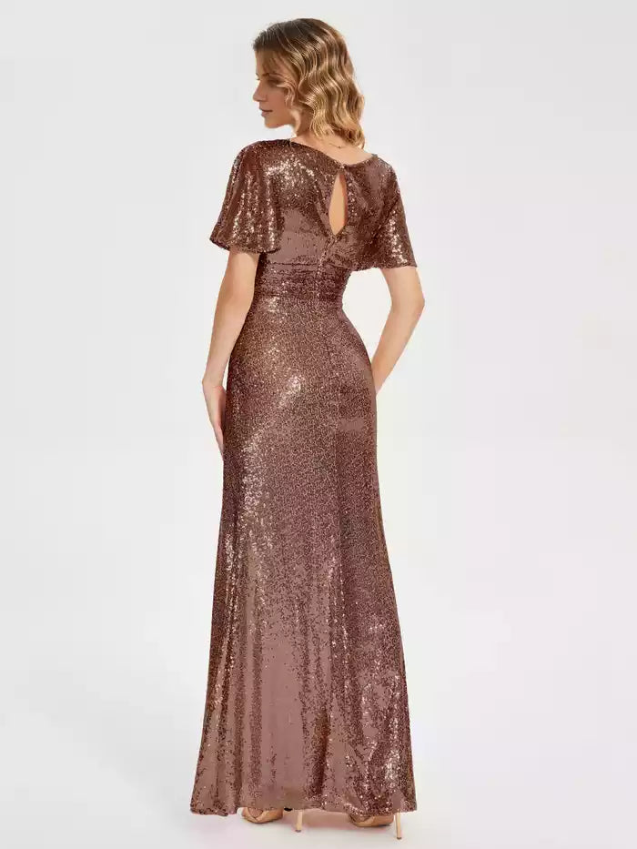Short Sleeves V neck Sequins Prom Dress with Slit