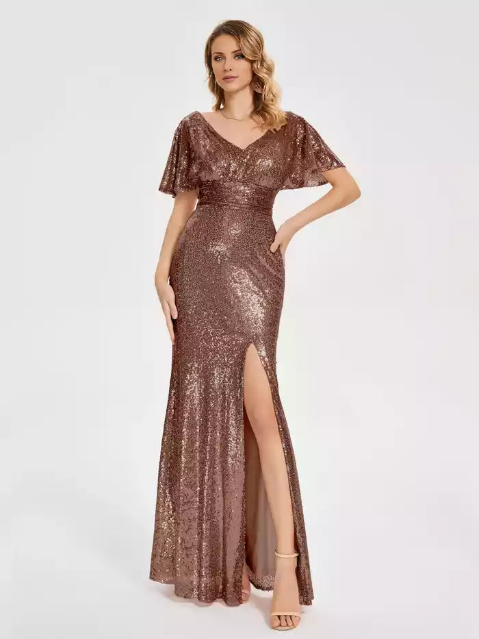 Short Sleeves V neck Sequins Prom Dress with Slit