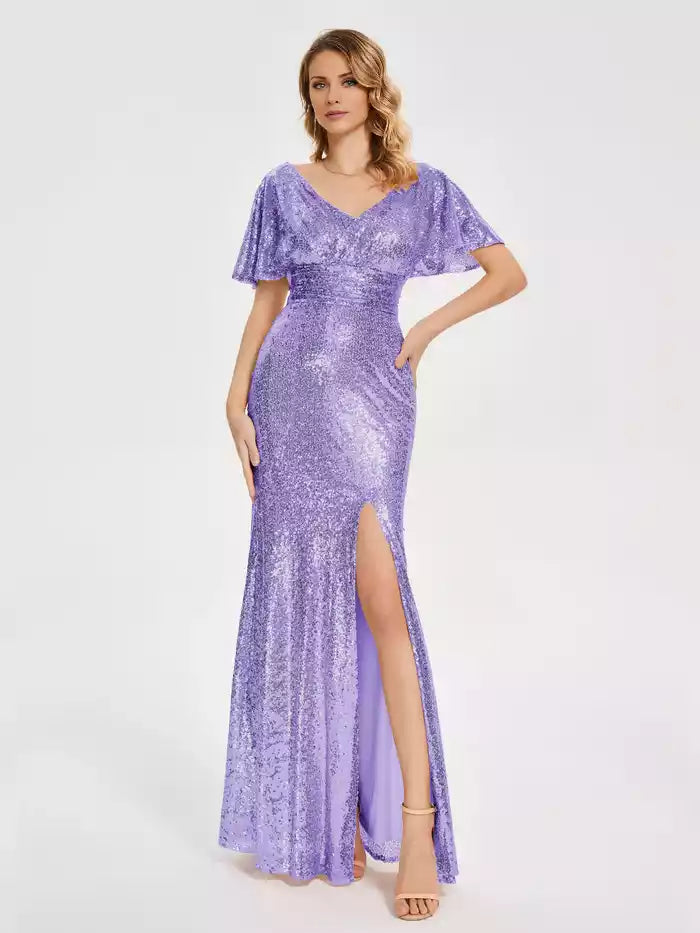 Short Sleeves V neck Sequins Prom Dress with Slit